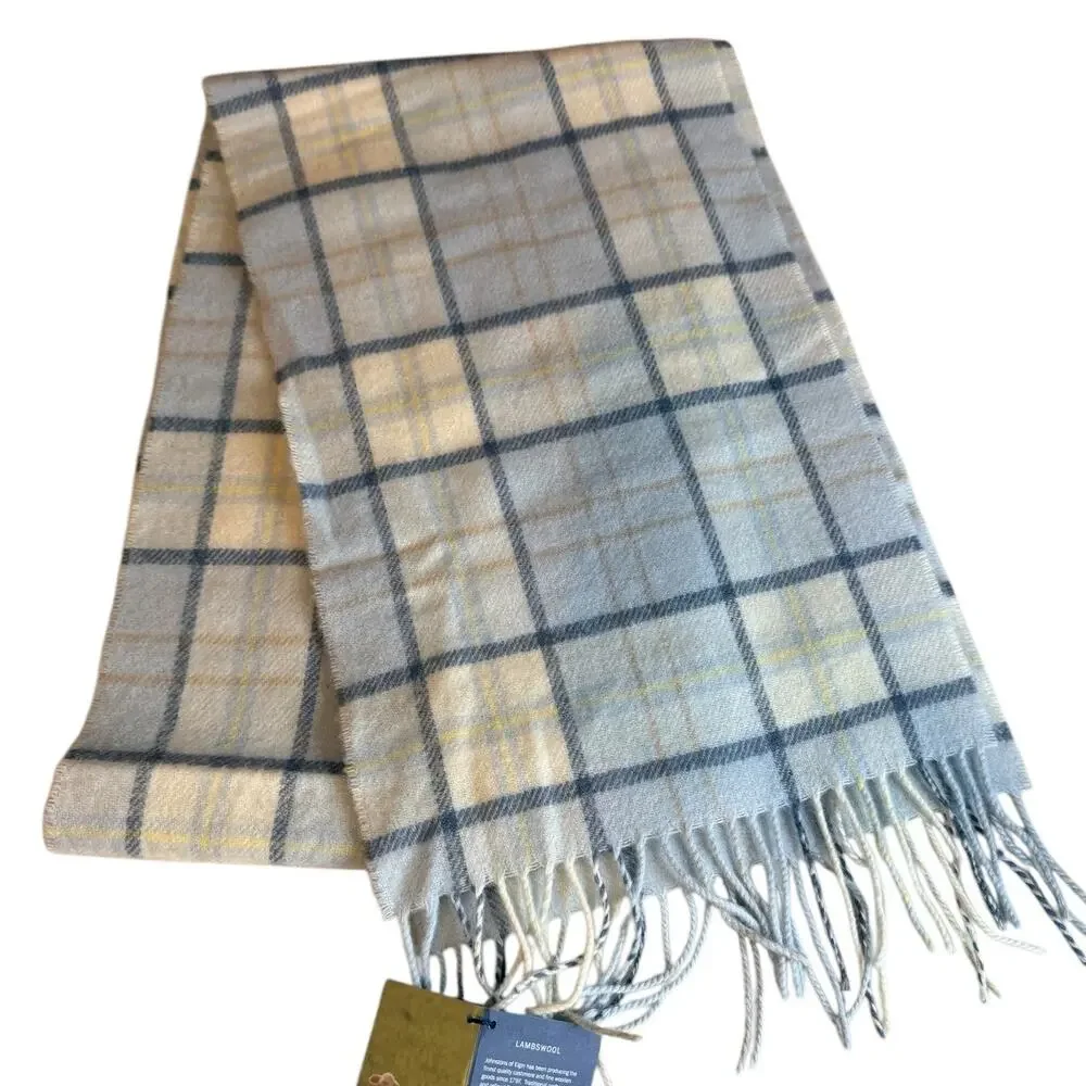 Johnstons of Elgin Scotland Lambswool Fringed Scarf Light Blue Plaid